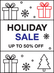Mega Holiday Sale Vector – 50% Off Christmas Poster Design, December Festive Discount Banner, Winter Shopping Deals, Snowy Background, Trendy Xmas Promo Illustration for Marketing.
