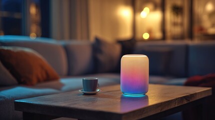Voice-controlled smart assistant device on living room table, ambient lighting