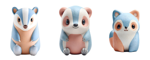 Pack of cute cartoon animal figurines. Adorable, plush, kawaii, cartoon, design elements, illustration, 3d render.