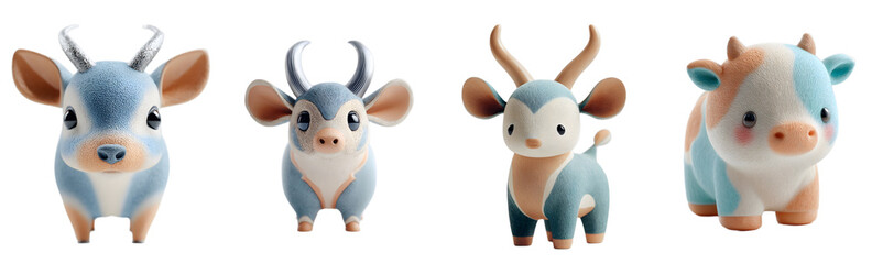 Pack of cute cartoon cows stand together. Adorable, whimsical, plush, mascot, farm animals, soft, pastel colors, blue, orange, happy, kawaii.
