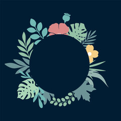 Round floral frame with bright flowers monstera and palm leaves on dark blue background. Flat style