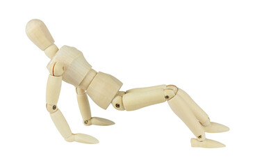 wooden man, wooden dummy doing exercise on floor, isolated from background
