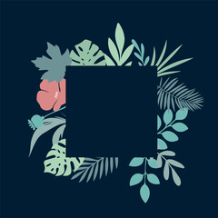 Square floral frame for greeting card on dark background. Flat and outline style illustration