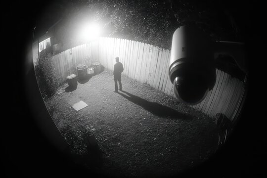 Person viewed by camera at night in yard; residential security, home safety, crime