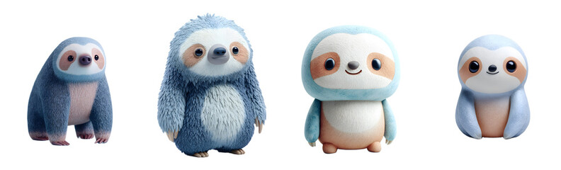 Pack of cute cartoon sloth figurines sit. Adorable plush toys, kawaii, 3D rendering, animal, blue and beige, innocence, soft, fantasy, digital art.
