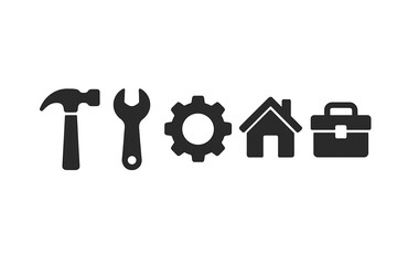 Black Tool Icon Set Vector. Hammer, Wrench, Gear, House, Toolbox Symbols. Home Maintenance, Construction, Repair, Engineering, DIY, Building Service Concepts. Isolated Silhouette Clip Art