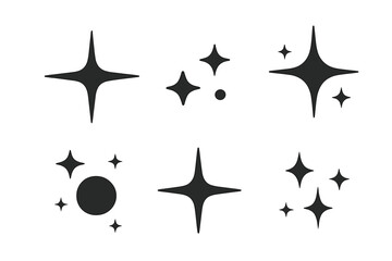 Twinkle star icon set featuring black starburst, sparkling glow, shining elements, glowing sparkles, luminous effects, vector illustration on transparent background, decorative design elements