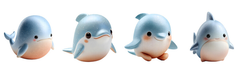 Pack of cute cartoon dolphin figurines. Whimsical plush toys, adorable characters, cartoon, playful, gentle, sweet.