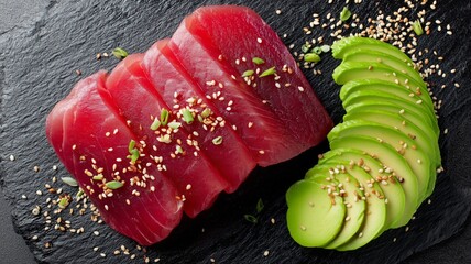 Sushi-grade tuna and creamy avocado slices elegantly arranged on a black slate platter.