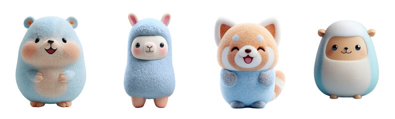 Pack of cute cartoon animals plushies stand together. Adorable, digital art, sweet, fluffy, pastel colors, kawaii style, cartoon animals.
