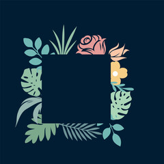 Square floral frame for greeting card on dark background. Flat and outline style illustration