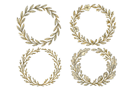 Vintage hand drawn botanical laurel wreath collection, floral oak leaf olive branch circle frames, rustic foliage emblem vector isolated on transparent background for wedding design