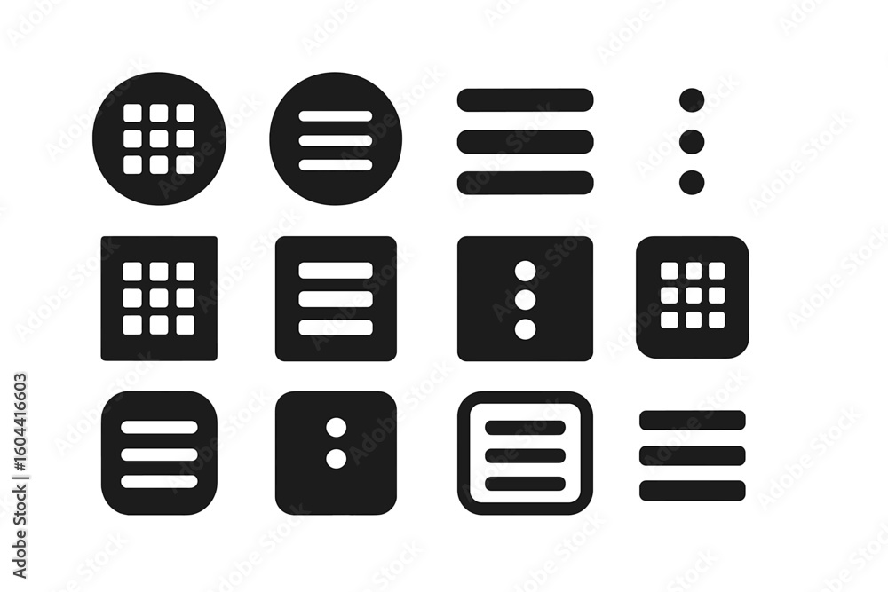 Aufkleber set of menu icons for web and mobile app design. hamburger, grid, and kebab menu buttons. user inter