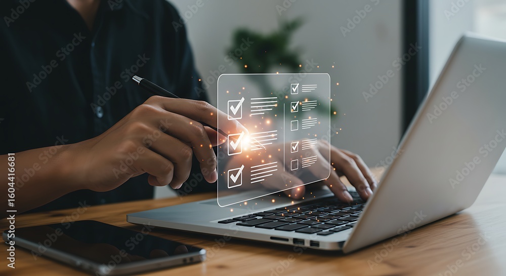 Poster person typing on laptop with holographic checklist signifying task completion and business progress