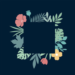 Square floral frame for greeting card on dark background. Flat and outline style illustration