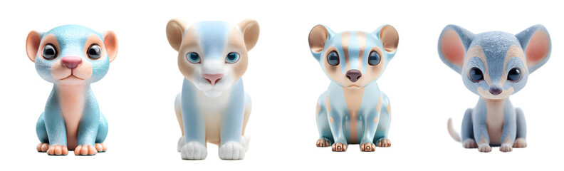 Pack of cute cartoon lion cubs sit. Adorable plush, pastel tones, big eyes, animal figurines, charming, cartoon, sweet, fantasy.