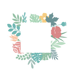 Square floral frame with bright flowers monstera and palm leaves on white background. Flat style