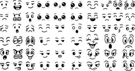Cartoon Face Reactions Stroke Icon Collection. Includes Emotions, Expressions, Moods, Eyes, and Mouths. Editable Outline Vector Set.