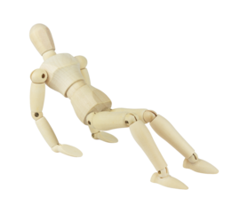 wooden man, wooden dummy doing exercise on floor, isolated from background