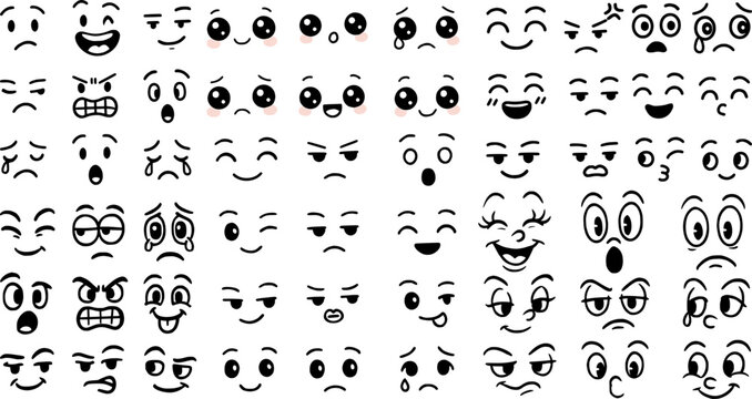 Cartoon Face Reactions Stroke Icon Collection. Includes Emotions, Expressions, Moods, Eyes, and Mouths. Editable Outline Vector Set.