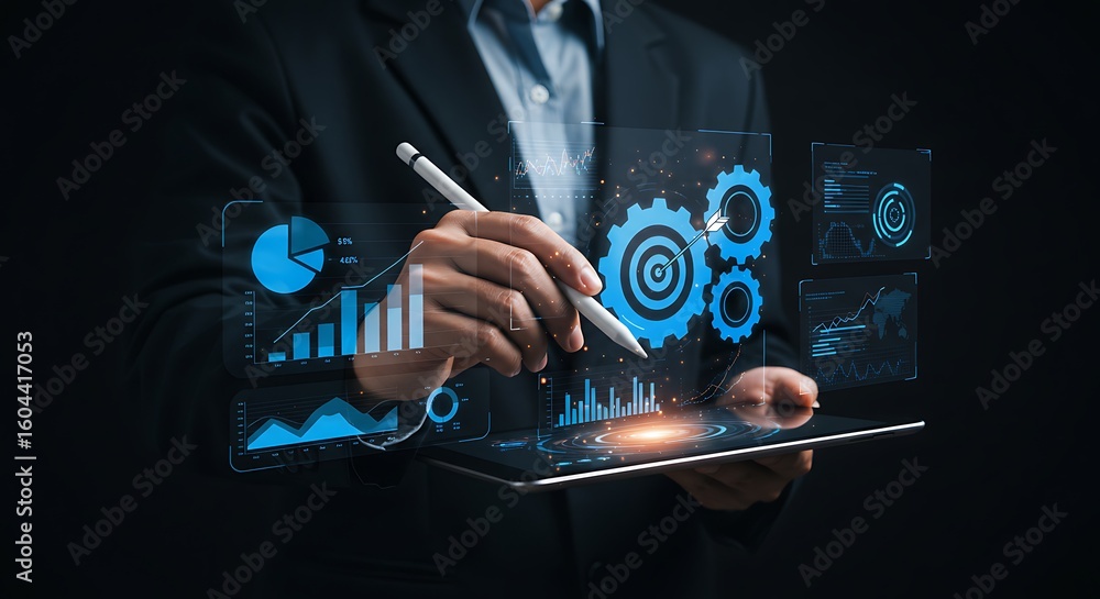 Poster businessman analyzing data with charts and graphs on a tablet representing business strategy and gro