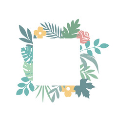 Square floral frame with bright flowers monstera and palm leaves on white background. Flat style