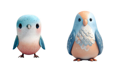 Pack of cute bird figurines. Cartoon, animal, blue, peach, plush, sweet, adorable, kawaii, happy, playful