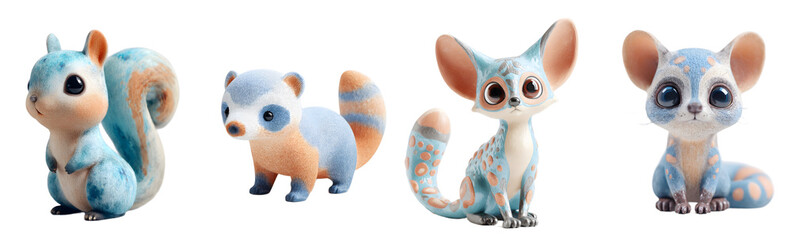 Pack of cute cartoon animals with blue and orange. Adorable, whimsical, happy, cartoon, plush, mascot, animal.