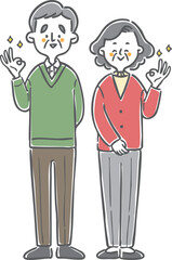 OKサインをするシニア夫婦　全身　ベクター
