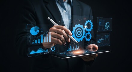 Businessman analyzing data with charts and graphs on a tablet representing business strategy and growth