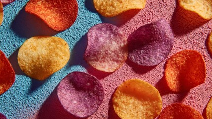 Colorful assorted potato chips in vibrant shades on dark background close-up.