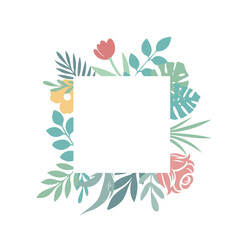 Square floral frame with bright flowers monstera and palm leaves on white background. Flat style