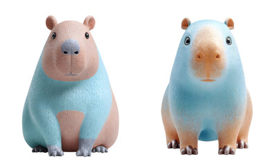 Two cute capybara cartoon figurines sit. Soft pastel, animal, adorable, funny, plush, kawaii, playful, friendly, colorful, cheerful
