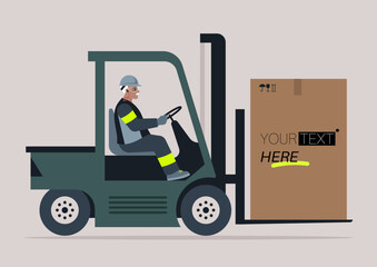 Your text here template, Engaging in daily operations, a forklift operator expertly navigates to transport goods in a busy warehouse while maintaining safety protocols during delivery tasks