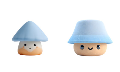 Pack of cute mushroom cartoon figurines. Adorable plush, digital art, kawaii style, sweet, cartoon, playful, happy, cheerful, gentle, soft