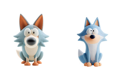 Pack of cute cartoon wolves sit.  Adorable mascots, animal figurines, playful, happy, blue, cartoon, kawaii, 3d rendering, digital art.
