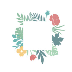 Square floral frame with bright flowers monstera and palm leaves on white background. Flat style
