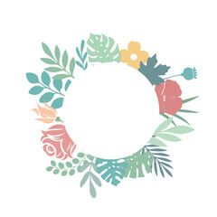 Round floral frame with bright flowers and tropical leaves on light background