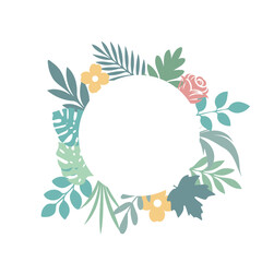 Round floral frame with bright flowers and tropical leaves on light background