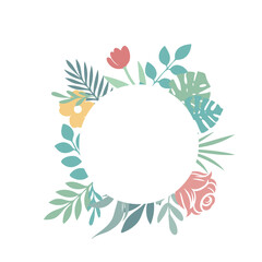 Round floral frame with bright flowers and tropical leaves on light background