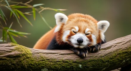 Adorable red panda sleeping peacefully on a moss covered tree branch