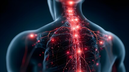Human body with glowing red pain points on neural pathways illustrating pain or a nerve stimulation, set against a dark blue 