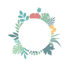 Round floral frame with bright flowers and tropical leaves on light background