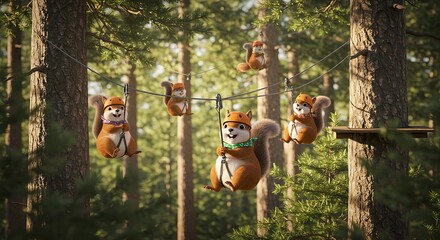 Squirrels playing zip line forest adventure