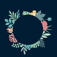 Round floral frame with bright flowers monstera and palm leaves on dark blue