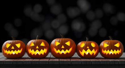 Five Jack-o'-Lanterns on Wooden Table with Bokeh Background