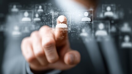 Businessman selecting candidate profile on digital touchscreen interface system.