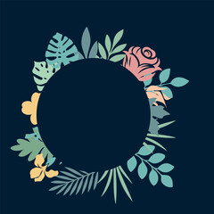 Round floral frame with bright flowers monstera and palm leaves on dark blue