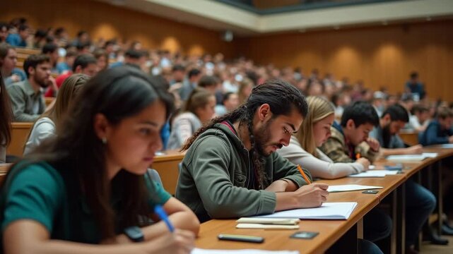 A diverse group of students concentrates on writing an exam in a spacious university lecture hall, emphasizing education and testing.
 - Powered by Adobe