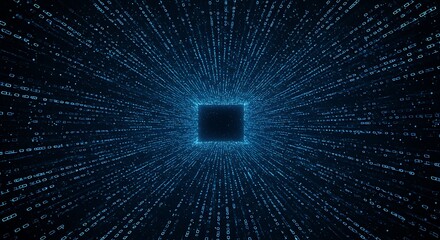 Abstract Cyber Tunnel with Blue Binary Code on Dark Background